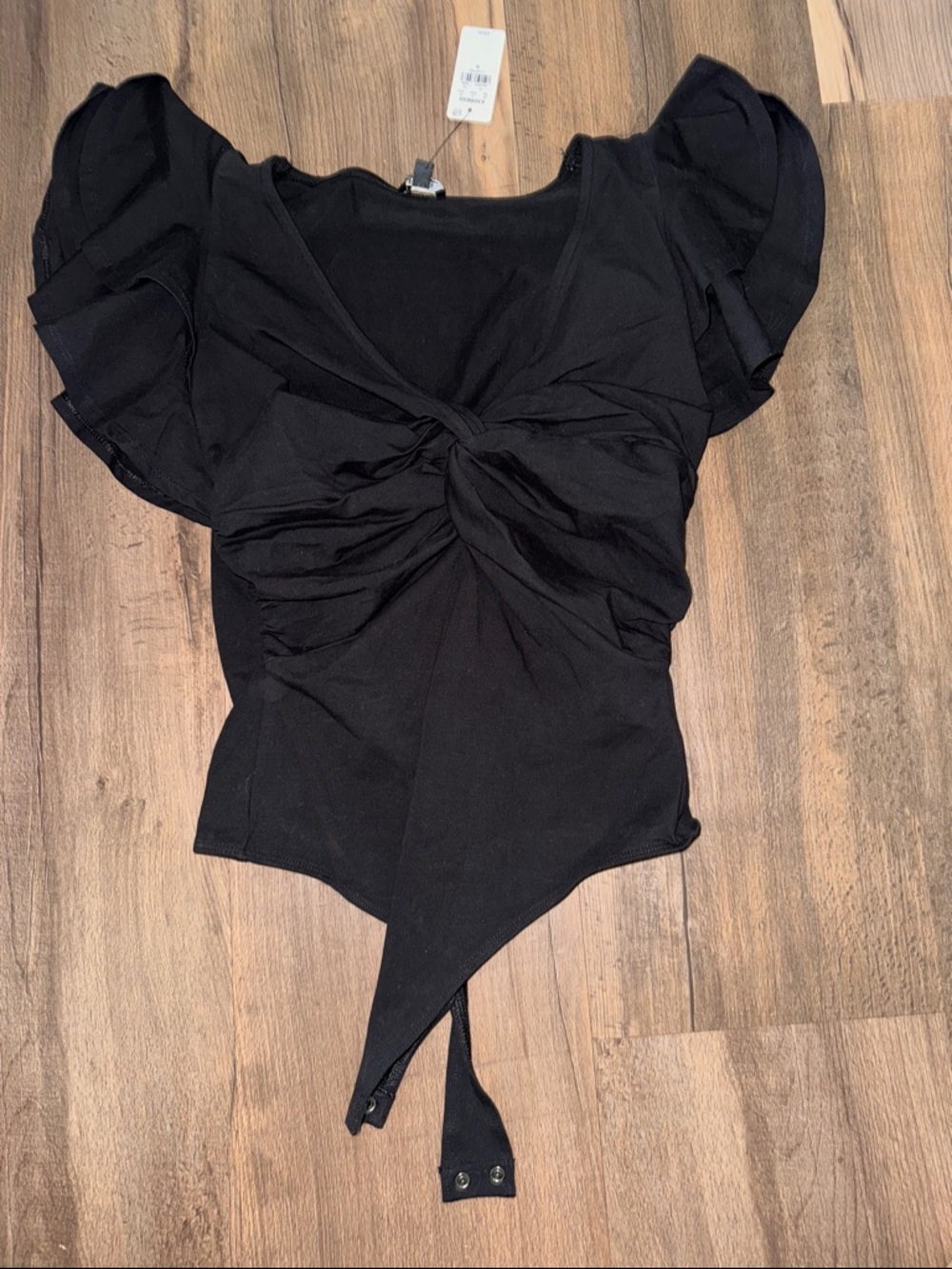 Express Black Ruffle-Sleeve Twist-Front V-Neck Bodysuit - Picture 8 of 8